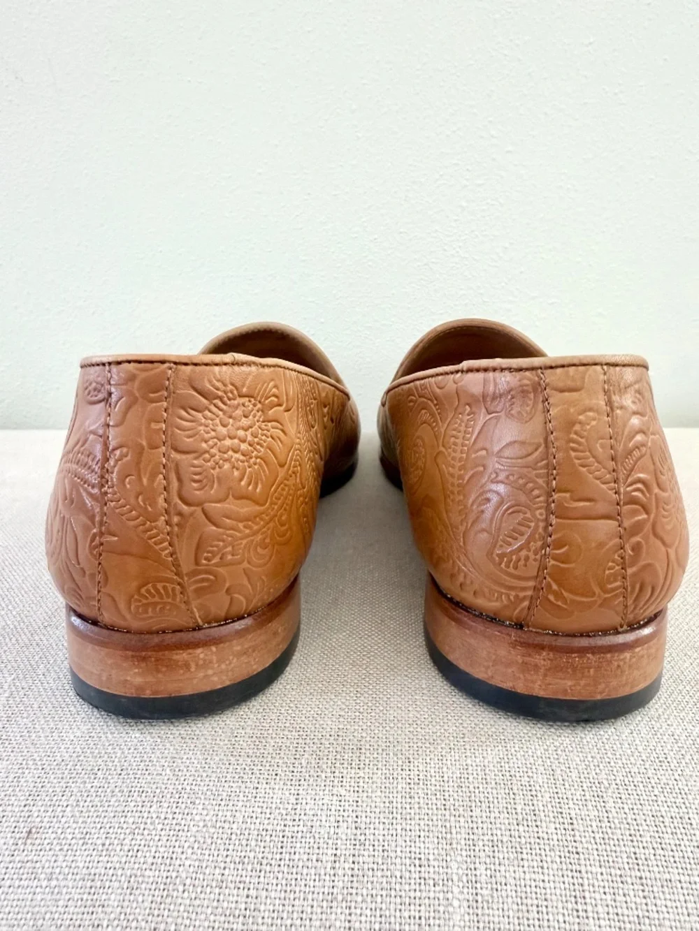 TAFT Mens Embossed Floral Leather Loafers Cognac Tan Handmade Spain EU 40.5